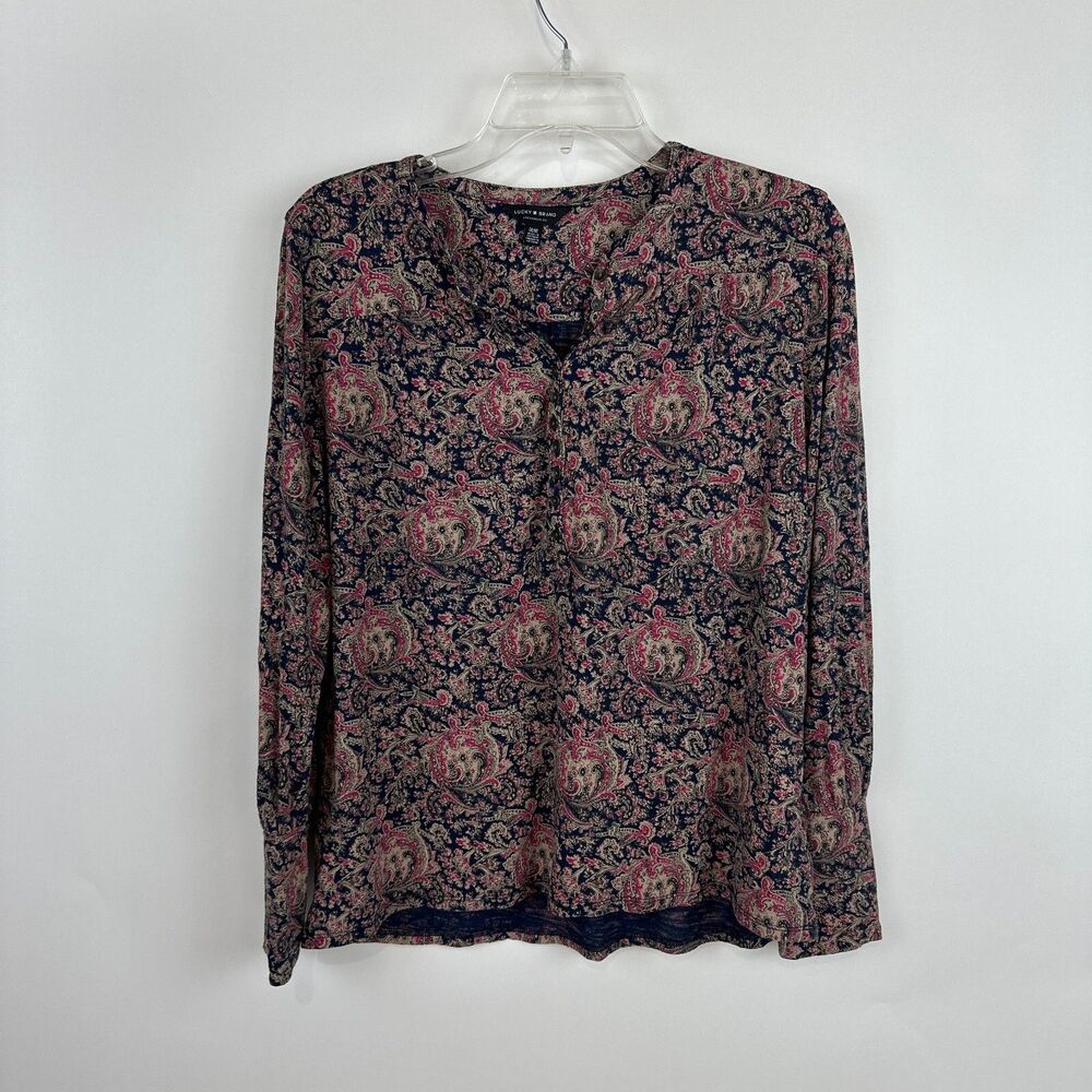 Lucky Brand Medium M Blue Red Floral Jersey Tunic Top Henley Peasant Boho Flowy